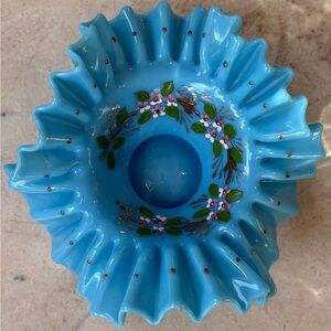 Vintage Hand Painted Blue Case Glass Ruffled Edge Brides Bowl, Floral Design